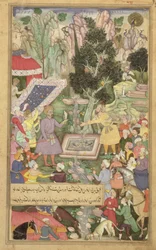 Folio 126 Babur vid Khawaja Sih Yarans vår, från "Baburnama" ("Baburs memoarer"), Mughal