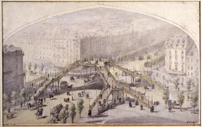Gångbro i Paris, ca 1880 (teckning)