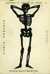 Frankrike, Ile-de-France, Paris (75): Reklam för cabaret du Neant de Montmartre som föreställer en skelettdecoupe
