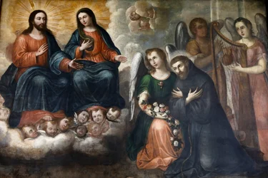 Fray Pedro Gocial museum i San Franciscos kloster, Quito, Ecuador. Målning som visar Jesus och Maria som visar sig för San Franciskus (fotografi)