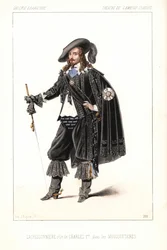 Den franske skådespelaren Louis Lacressonniere som kung Karl I i Les Mousquetaires av Alexandre Dumas, Theatre de l