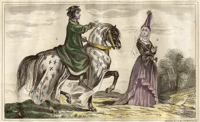 Franske kungen Karl IV (1322) och Jeanne de Flandre (1295-1374) grevinna av Montfort (1340), gravyr av Rebel
