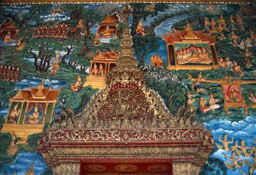 Fresk och arkitektonisk detalj, Wat That, stor helig stupa återuppbyggd i 1900-talets Luang Prabang (Unescos världsarvslista