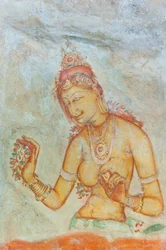 Fresk; barbröstad kvinna med blommor; Apsara; UNESCOs världsarvslista; Sigiriya; Sri Lanka; Asien