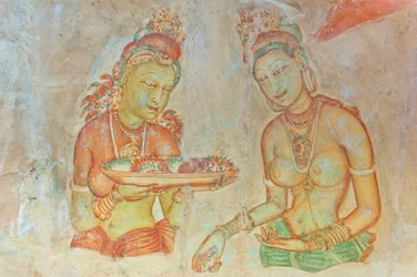 Fresk; barbröstad kvinna med blommor; Apsaras; UNESCOs världsarvslista; Sigiriya; Sri Lanka; Asien
