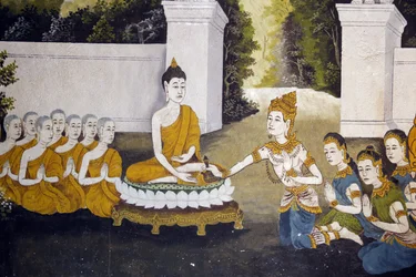 Fresk som visar en scen av Buddhas liv i Wat Phra Doi Suthep, Chiang Mai. Buddha tar emot allmosor. Thailand