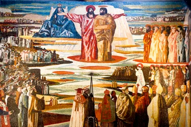 Fresk i bebådelsen romersk-katolska basilikan, Nasaret, Galileen, Israel. (Foto)