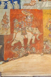 Fresker som pryder väggarna i Wat Bo som visar scener från Reamker, Siem Reap, Kambodja (foto)