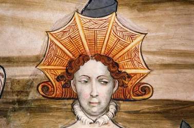 Fresker av Baronial Hall (1400-talet), detalj, Della Manta slott, Manta (Cuneo), Piemonte, detalj, Italien