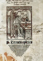 Frontispice av komedier av den komiska poeten Terence (Publius Terentius Aferer) (190-145 f.Kr.). Författaren är representerad.