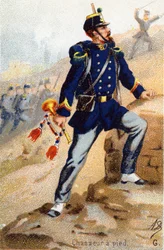 G: Fotjägare. Gravyr i "Militäralfabetet". Illustratörens initialer: A. D. Okänd utgivare. Kromolitografier från slutet av 1800-talet. Mått: 10,5x7 cm.