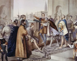 Galileo Galilei demonstrerar sin uppfinning teleskopet (färg litho)