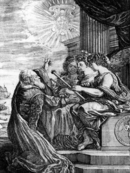 Galileo visar upp sitt teleskop för muserna och pekar på ett heliocentriskt system för universum