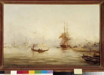 Galärer och gondoler i bassängen (Venedig) Målning av Paul Bistagne (1850-1886) 1800-tal Obligatoriskt omnämnande: Collection foundation regards de Provence, Marseille