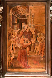 Genua, Duomo (St Lawrence Cathedral), interiör, presbyterium, absid, kör, norra sidan: "The Charity of St Lawrence", träintarsia av Gian Michele de