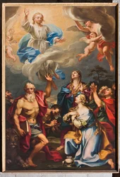 Genua, Duomo (St Lawrence Cathedral), inuti, södra gången, södra muren: "Uppstigningen med St Hieronymus, Magdalena och helgonen" (cirka 1694)
