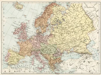 Geografisk karta över Europa på 1870-talet. Färglitografi från 1800-talet