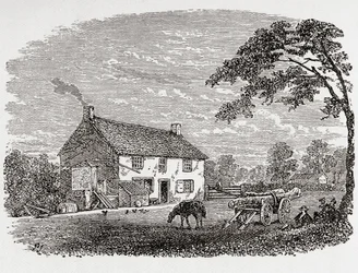 George Stephensons födelseplats. Ett stenhus från 1700-talet, George Stephensons hem, Wylam, Northumberland, England, här sett på 1800-talet. Ur Great Engineers, utgiven omkring 1890