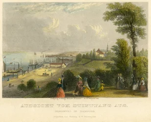 Tyskland, Hamburg, Elbhoehe, vy från Stintfang till floden Elbe, gammalt kolorerat stålstick från A. H. Payne, Leipzig, publicerat av G. W. Niemeyer, omkring 1850
