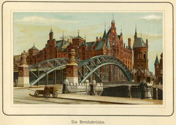 Tyskland, Hamburg, "Brooksbruecke" (Brooks bro) och i bakgrunden hamnmagasinen, kallad "Speicherstadt", ca 1890 (litografi)