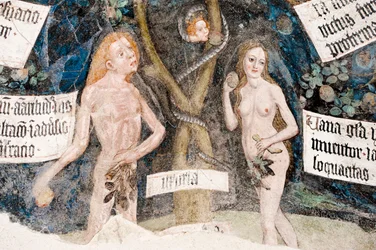 Gotisk fresk; Adam och Eva syndar; med ormen; 8. Kloster; Katedral; Brixen; Sydtyrolen; Italien; Europa