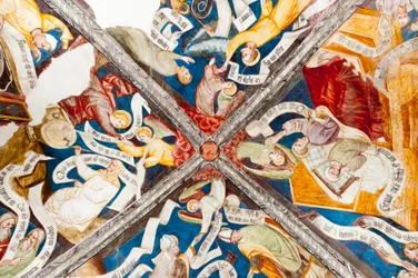 Gotisk fresk; lovprisning av dygden; kritik av last; med att skriva; 10. kloster; Katedral; Brixen; Sydtyrolen; Italien; Europa