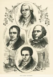 Stora ingenjörer och uppfinnare: James Watt, John Ericsson, Robert Fulton, Richard Trevithick, ca 1880