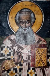 grekisk-ortodox kristendom; gamla bysantinska fresker; väggmålning av biskop Nicholas; Agios Nikolaos kyrka i Petra; Lesbos; Egeiska havet; Grekland; Europa