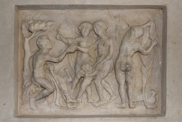 Grekisk mytologi: Paris dom. Herden Paris måste välja den vackraste av de tre gudinnorna: Afrodite (Venus), åtföljd av Amor, Hera (Juno) och Athena (Minerva). Han väljer Afrodite, som han erbjuder ett gyllene äpple. Relief
