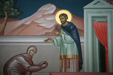 Grekisk-ortodox ikon som visar Kristus före Maria Magdalena Thessalonique Grekland