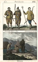 Grönlandsbor med skinn och en inuit från Labrador (Kanada) med en treudd. Nedan visas en vardagsscen med en inuitfamilj framför en igloo, ett tält och en kanot, Nordamerika. Litografi för boken: "Galerie complete en tableaux fideles des
