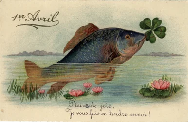 Gratulationskort för 1 april: fisk med en fyrbladig trefle - Vykort sent 1800- och 1900-tal