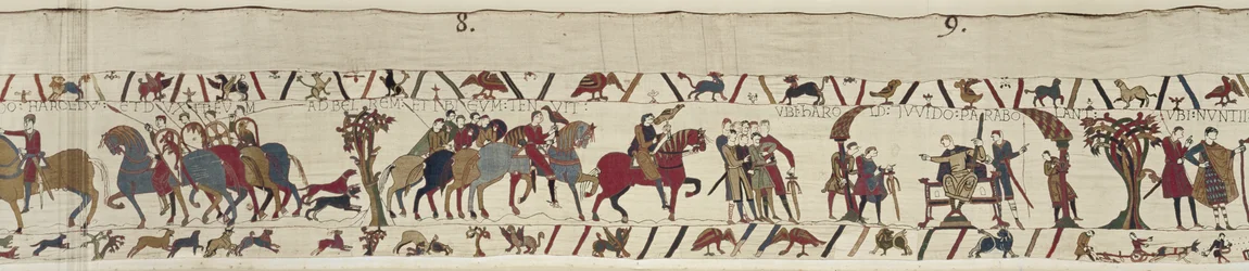 Guy of Ponthieu tar Harold som fånge till slottet Beaurain, Bayeux Tapestry (ullbroderi på linne)