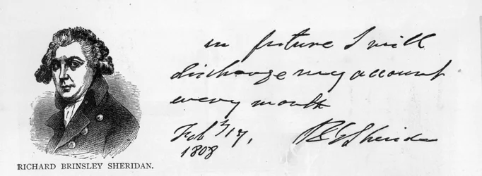 Handskrift och signatur av Richard Brinsley Sheridan