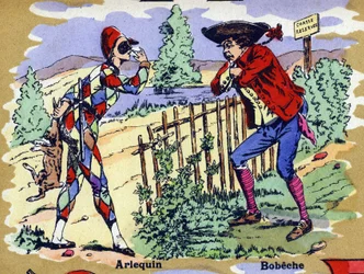 Harlequin och Bobeche . Illustrerat alfabet. Bilder återförenades i Jarville-Nancy, början av 1900-talet. Mått: 40 x 29 cm. Litografi på en bistre bakgrund