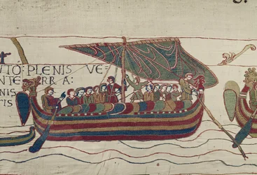 Harolds skepp sprängs till greve Guy av Ponthieu, Bayeux Tapestry (ullbroderi på linne)