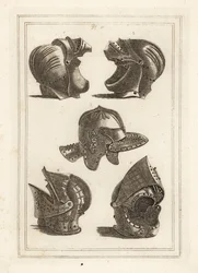 Hjälm från John de Courcy, Earl of Ulster 1,2, Oliver Cromwells huvudstycke 3, lutande hjälm 4,5