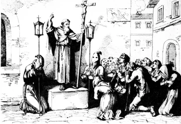 Det antika Roms historia. En munk predikar för folket på ett torg i Rom. Bartolomeo Pinelli gravyr XIX-talet