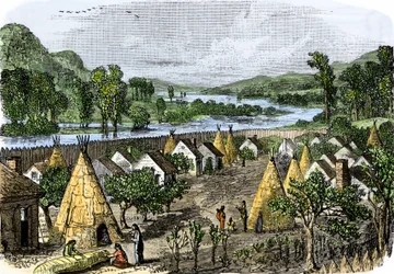 Ursprungsbefolkningens historia: Mohawk Village, New York, cirka 1780. Färgrik gravyr från 1800-talet.