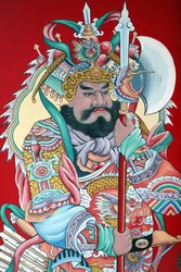 Hoi Tuong Te Nguoi Hoa buddistiska kinesiska tempel. Väktare figur målningar på grinden. Phu Quoc. Vietnam.
