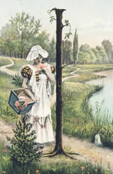 I: En stående kvinna i klänning, förkläde och huvudbonad håller en korg på sin högra arm. Landsdekor - Alfabettecken Ref Th. E., L. Theochrom - Serie 994. Theodor Eisman, förläggare, Leipzig