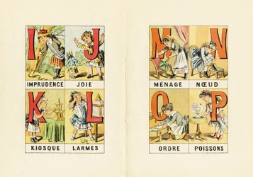 I: hänsynslöshet; J: glädje; K: kiosk; L: tårar; M N O P: hushåll, knut, ordning, fisk - Gravyr hämtad från ABCD av små flickor. Pellerin & Cie, tryckare-förlag, Epinal, omkring 1890. Serie A. Mått: 19 x 13,5 cm.