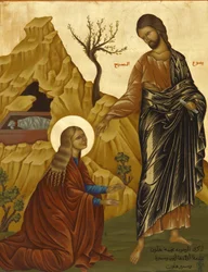 Ikon i den melkitiska katedralen i Haifa: Maria Magdalena med den uppståndne Kristus, Haifa, Israel