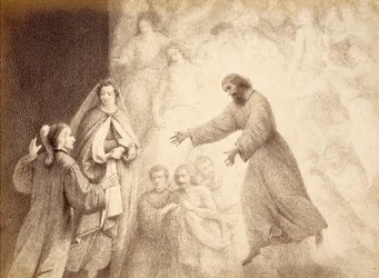 I Mars sfär möter Dante sin förfader Cacciaguidas ande. Illustration av Canto XV av Paradiso av The Divine Comedy av Dante Alighieri. Franceso Scaramuzzas verk tillägnat Florens kommun.