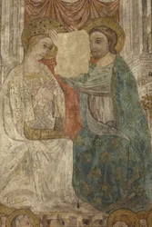 Interiör. Norra korsningen. Altare (Altar de las pinturas murales). Original från huvudkapellet. Väggmålningar (fresk?). Detalj. Slutet av 1300-talet.
