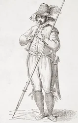 Italiensk bonde som spelar dulzaina, Efter ett 1500-talsverk av Cesare Vecellio, från 