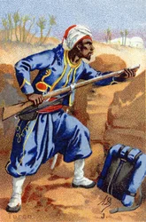 J: Turco. Gravyr i "Militäralfabetet". Illustratörens initialer: A. D. Okänd utgivare. Kromolitografier från slutet av 1800-talet. Mått: 10,5x7 cm.