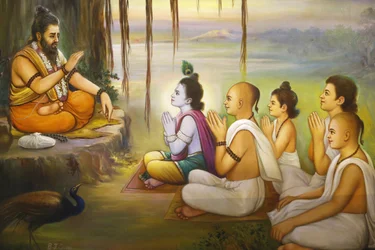 Jalaram Pratna hinduiska tempel, Leicester. Fresk. Krishna och hängivna som lyssnar på Balarama. Storbritannien