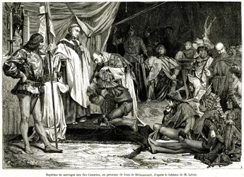 Jean de Bethencourt, normandisk gentleman, baron de Saint Martin le Gaillard, erövrade och kristnade Kanarieöarna i januari 1405, från tidskriften "Sur terre et sur mer"" nr 28, 8 januari