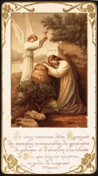 Jesus knäböjde i bön i Getsemane trädgård, en ängel presenterade en kalk för honom. Början av 1900-talet (vykort)